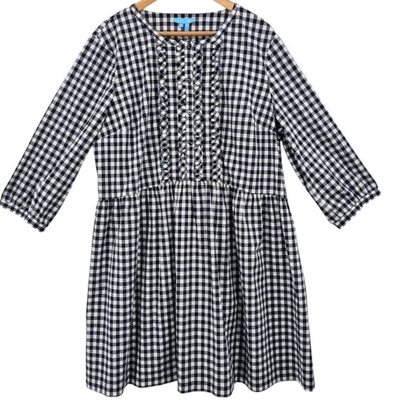 Draper James Womens XL Wanda 3/4 Sleeve Ruffle Front Dress in Navy Gingham - Picture 2 of 14